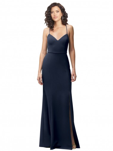Bleu marine foncé Fourreau Bretelles spaghetti Crêpe Stretch Longue Formelles Robes demoiselle d'honneur / Robes de soirée / Robes de bal en Gros