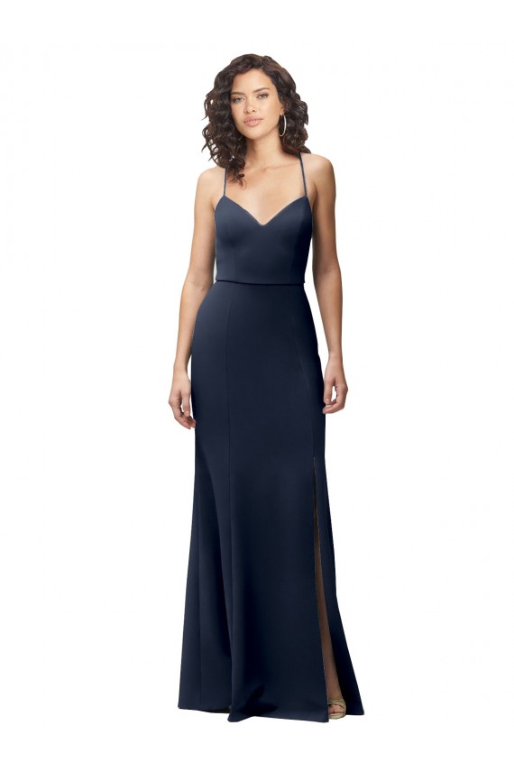 Bleu marine foncé Fourreau Bretelles spaghetti Crêpe Stretch Longue Formelles Robes demoiselle d'honneur / Robes de soirée / Robes de bal en Gros