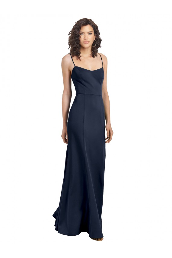 Bleu marine foncé Fourreau Col Haut Bretelles spaghetti Crêpe Stretch Longue Formelles Robes demoiselle d'honneur / Robes de soirée / Robes de bal en Gros