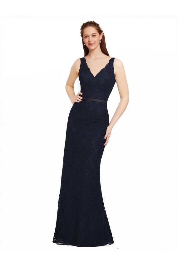 Bleu marine foncé Fourreau Col V Dentelle Longue Robes demoiselle d'honneur en Gros