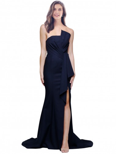 Bleu marine foncé Fourreau Sans bretelle Balayage train Crêpe Stretch Longue Robes demoiselle d'honneur / Robes de bal en Gros