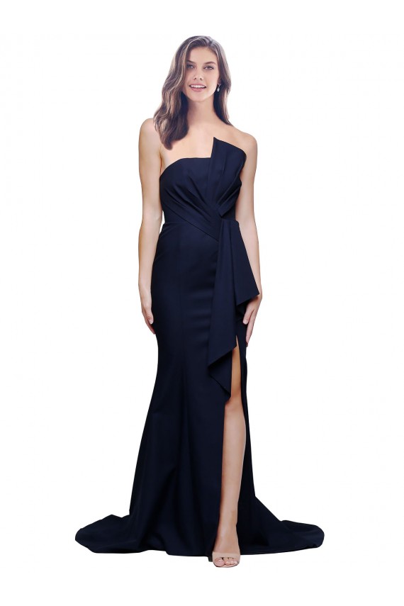 Bleu marine foncé Fourreau Sans bretelle Balayage train Crêpe Stretch Longue Robes demoiselle d'honneur / Robes de bal en Gros