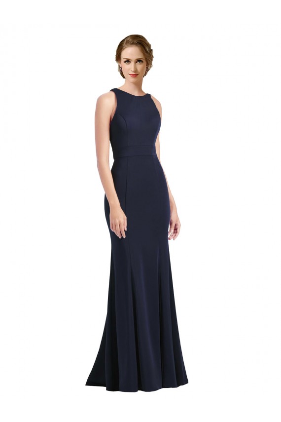 Bleu marine foncé Fourreau Scoop Col Haut Crêpe Stretch Longue Robes demoiselle d'honneur / Robes de bal en Gros