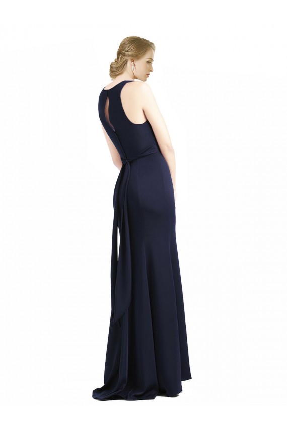 Bleu marine foncé Fourreau Scoop Col Haut Crêpe Stretch Longue Robes demoiselle d'honneur / Robes de bal en Gros