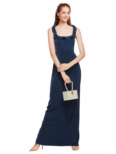 Bleu marine foncé Fourreau Scoop Crêpe Stretch Longue Formelles Robes demoiselle d'honneur / Robes de soirée / Robes de bal en Gros