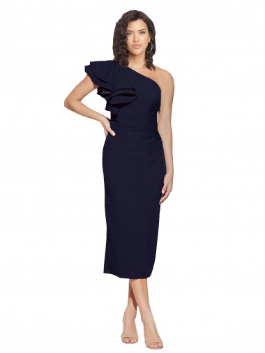 Bleu marine foncé Fourreau midi Crêpe Stretch Courte Robes demoiselle d'honneur / Robes de soirée / Robes de cocktail en Gros
