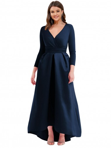 Bleu marine foncé Princesse Col V Spandex Longue Asymétrique Formelles Robes demoiselle d'honneur / Robes de soirée / Robes de bal en Gros