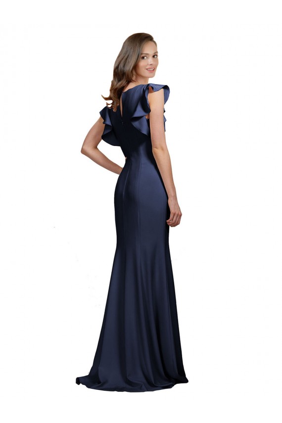 Bleu marine foncé Sirène Bateau Crêpe Stretch Longue Robes demoiselle d'honneur / Robes de bal en Gros