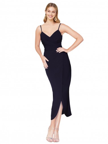 Bleu marine foncé Sirène Bretelles spaghetti Crêpe Stretch Courte Asymétrique Robes demoiselle d'honneur / Robes de soirée / Robes de cocktail en Gros