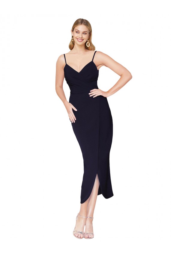 Bleu marine foncé Sirène Bretelles spaghetti Crêpe Stretch Courte Asymétrique Robes demoiselle d'honneur / Robes de soirée / Robes de cocktail en Gros