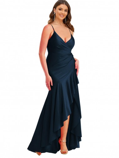 Bleu marine foncé Sirène Bretelles spaghetti Satiné Soyeux Longue Asymétrique Formelles Robes demoiselle d'honneur / Robes de soirée / Robes de bal en Gros