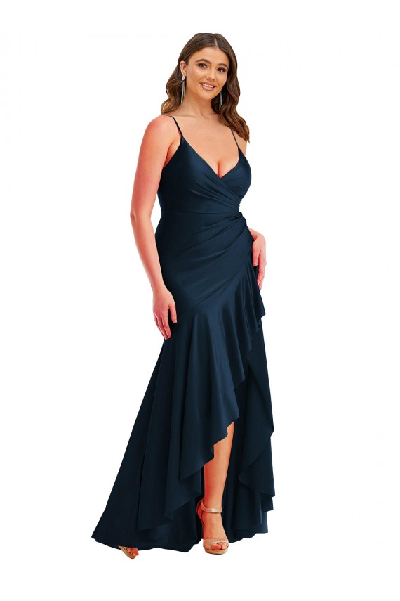 Bleu marine foncé Sirène Bretelles spaghetti Satiné Soyeux Longue Asymétrique Formelles Robes demoiselle d'honneur / Robes de soirée / Robes de bal en Gros