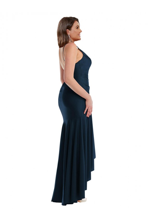 Bleu marine foncé Sirène Bretelles spaghetti Satiné Soyeux Longue Asymétrique Formelles Robes demoiselle d'honneur / Robes de soirée / Robes de bal en Gros