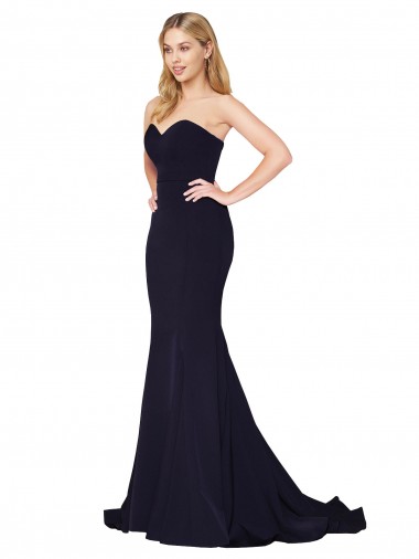 Bleu marine foncé Sirène Col Haut Balayage train Crêpe Stretch Longue Formelles Robes demoiselle d'honneur / Robes de soirée / Robes de bal en Gros