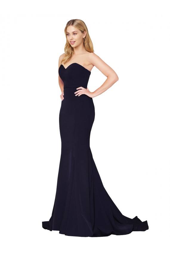 Bleu marine foncé Sirène Col Haut Balayage train Crêpe Stretch Longue Formelles Robes demoiselle d'honneur / Robes de soirée / Robes de bal en Gros