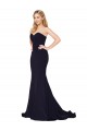 Bleu marine foncé Sirène Col Haut Balayage train Crêpe Stretch Longue Formelles Robes demoiselle d'honneur / Robes de soirée / Robes de bal en Gros