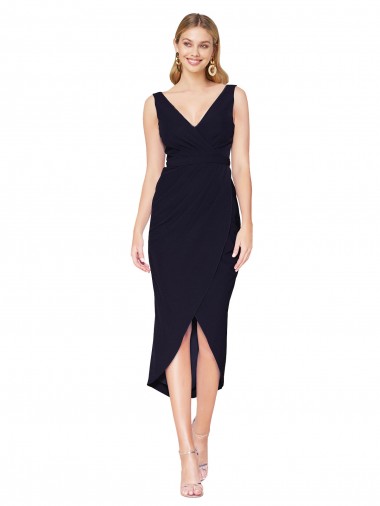 Bleu marine foncé Sirène Col V Crêpe Stretch Courte Asymétrique Robes demoiselle d'honneur / Robes de soirée / Robes de cocktail en Gros
