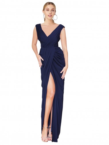 Bleu marine foncé Sirène Col V Mousseline Longue Formelles Robes demoiselle d'honneur / Robes de soirée / Robes de bal en Gros