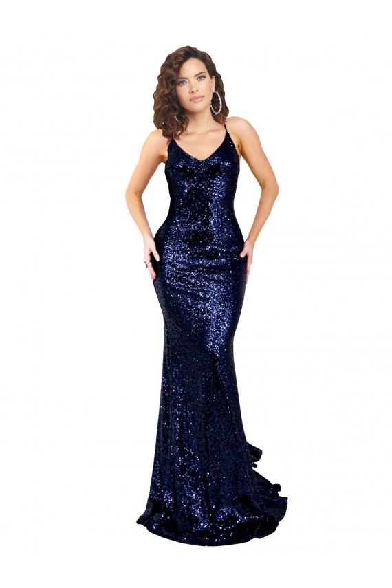 Bleu marine foncé Sirène Col V Paillette Longue Formelles Robes demoiselle d'honneur / Robes de soirée / Robes de bal en Gros