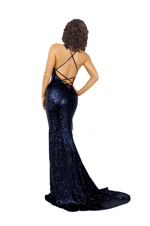 Bleu marine foncé Sirène Col V Paillette Longue Formelles Robes demoiselle d'honneur / Robes de soirée / Robes de bal en Gros
