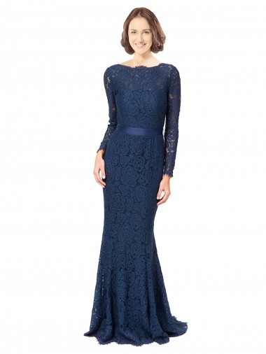 Bleu marine foncé Sirène Col bijou Balayage train Dentelle Longue Robes demoiselle d'honneur en Gros