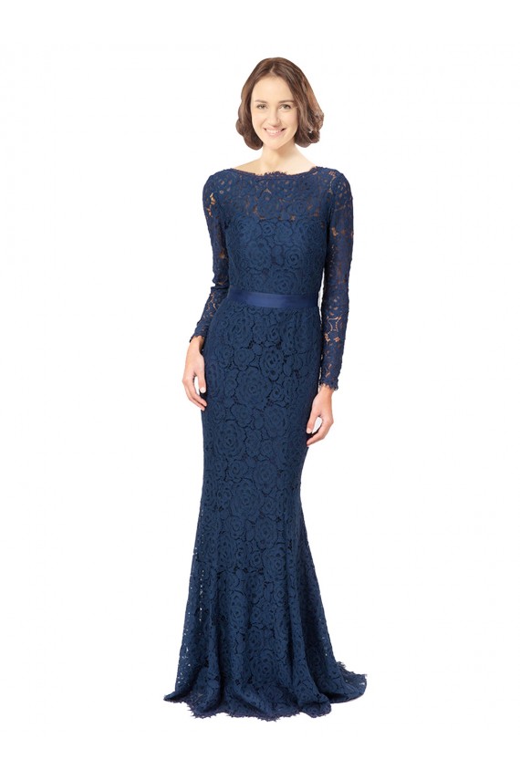 Bleu marine foncé Sirène Col bijou Balayage train Dentelle Longue Robes demoiselle d'honneur en Gros