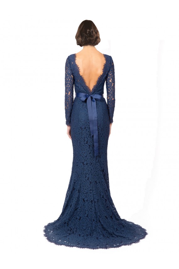 Bleu marine foncé Sirène Col bijou Balayage train Dentelle Longue Robes demoiselle d'honneur en Gros