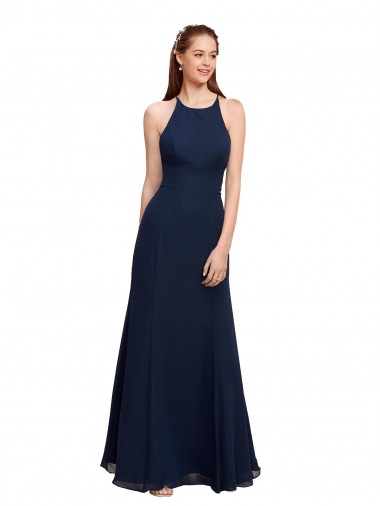 Bleu marine foncé Sirène Licou Col Haut Mousseline Longue Robes demoiselle d'honneur / Robes de bal en Gros
