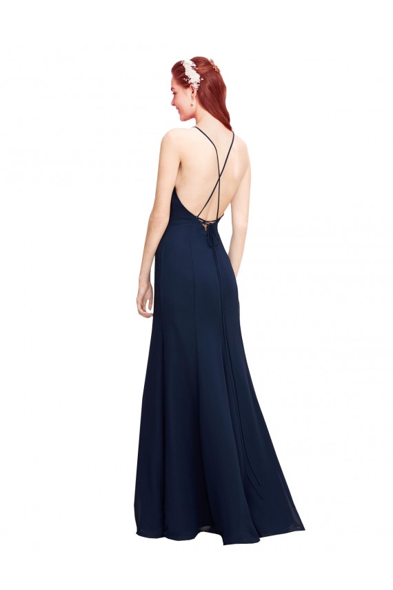 Bleu marine foncé Sirène Licou Col Haut Mousseline Longue Robes demoiselle d'honneur / Robes de bal en Gros