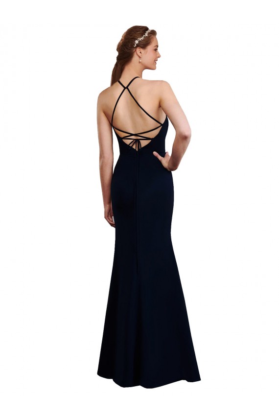 Bleu marine foncé Sirène Licou Mousseline Longue Robes demoiselle d'honneur en Gros