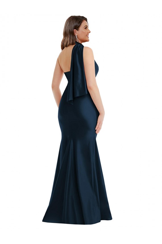 Bleu marine foncé Sirène Licou Satiné Soyeux Longue Formelles Robes demoiselle d'honneur / Robes de soirée / Robes de bal en Gros