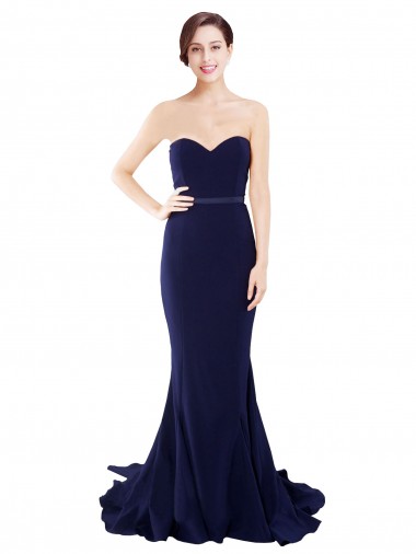Bleu marine foncé Sirène Sans bretelle Balayage train Crêpe Stretch Longue Robes demoiselle d'honneur / Robes de bal en Gros