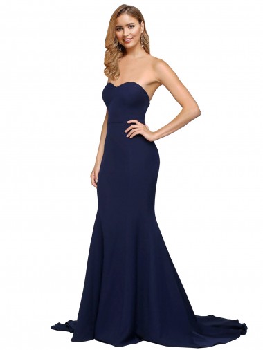 Bleu marine foncé Trapèze Balayage train Crêpe Stretch Longue Formelles Robes demoiselle d'honneur / Robes de soirée / Robes de bal en Gros