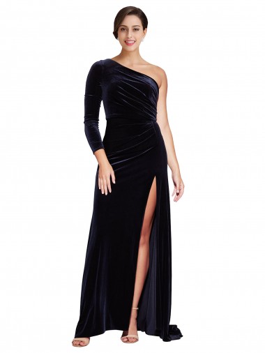 Bleu marine foncé Trapèze Balayage train Velours Stretch Longue Formelles Robes demoiselle d'honneur / Robes de soirée / Robes de bal en Gros