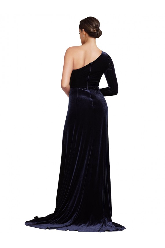Bleu marine foncé Trapèze Balayage train Velours Stretch Longue Formelles Robes demoiselle d'honneur / Robes de soirée / Robes de bal en Gros