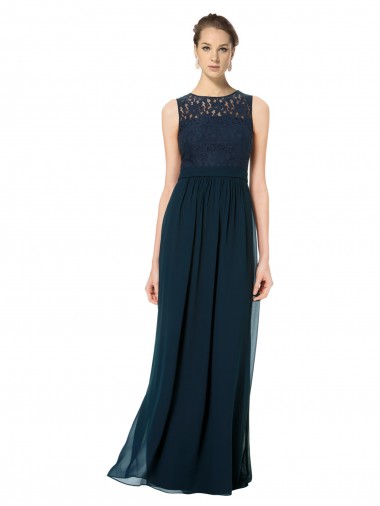 Bleu marine foncé Trapèze Bateau Illusion Mousseline Dentelle Longue Robes demoiselle d'honneur en Gros