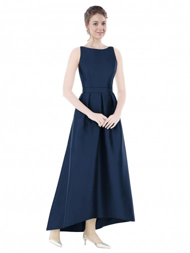 Bleu marine foncé Trapèze Bateau Satiné Longue Asymétrique Robes demoiselle d'honneur en Gros