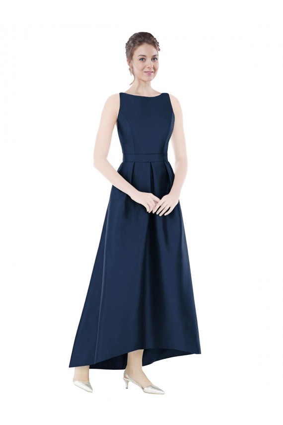 Bleu marine foncé Trapèze Bateau Satiné Longue Asymétrique Robes demoiselle d'honneur en Gros