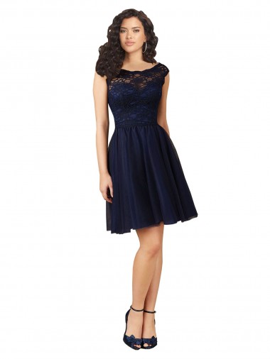 Bleu marine foncé Trapèze Bateau Tulle Dentelle Courte Robes demoiselle d'honneur / Robes de cocktail en Gros