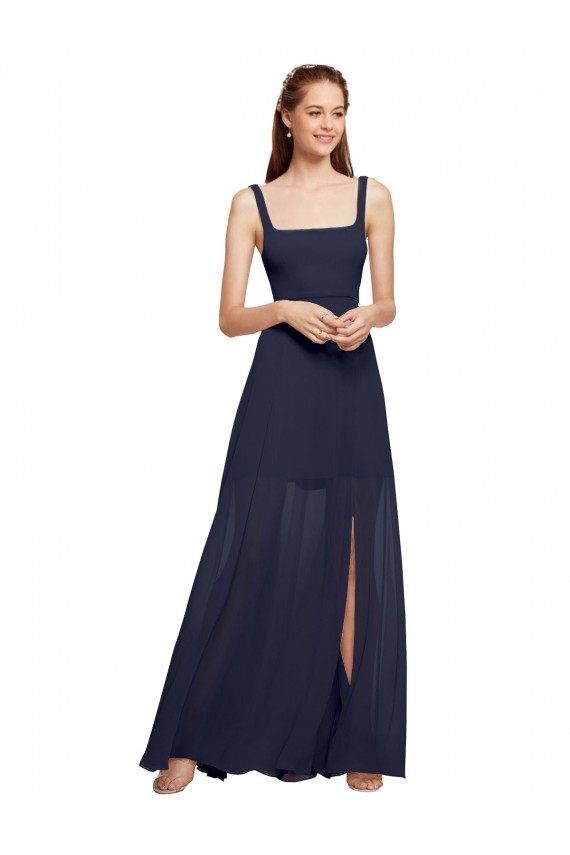 Bleu marine foncé Trapèze Bretelles spaghetti Col Carré Mousseline Longue Robes demoiselle d'honneur en Gros