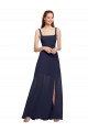 Bleu marine foncé Trapèze Bretelles spaghetti Col Carré Mousseline Longue Robes demoiselle d'honneur en Gros