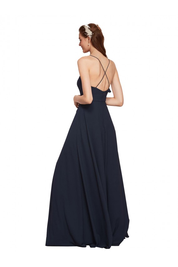Bleu marine foncé Trapèze Bretelles spaghetti Col V Mousseline Longue Robes demoiselle d'honneur en Gros