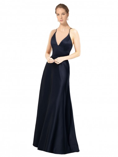 Bleu marine foncé Trapèze Bretelles spaghetti Col V Satiné Longue Robes demoiselle d'honneur / Robes de bal en Gros