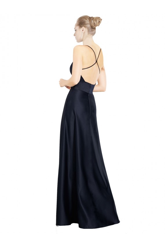 Bleu marine foncé Trapèze Bretelles spaghetti Col V Satiné Longue Robes demoiselle d'honneur / Robes de bal en Gros