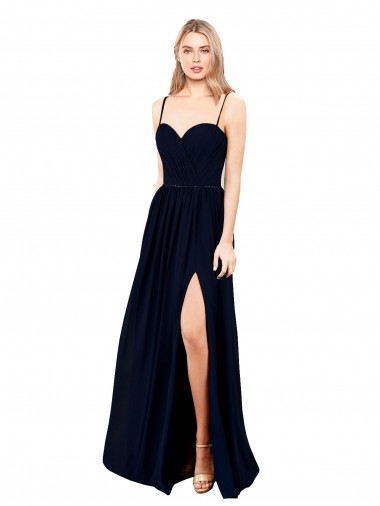 Bleu marine foncé Trapèze Bretelles spaghetti Mousseline Longue Formelles Robes demoiselle d'honneur / Robes de soirée en Gros