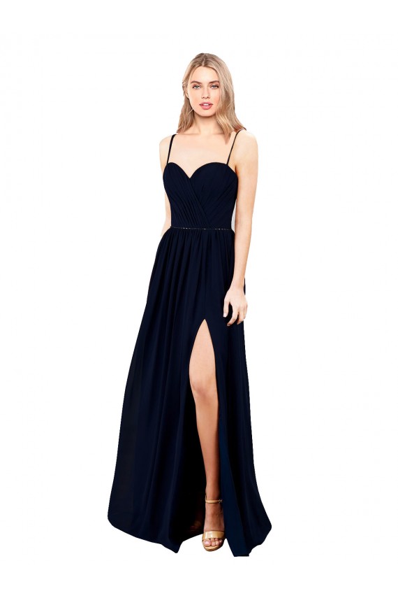 Bleu marine foncé Trapèze Bretelles spaghetti Mousseline Longue Formelles Robes demoiselle d'honneur / Robes de soirée en Gros