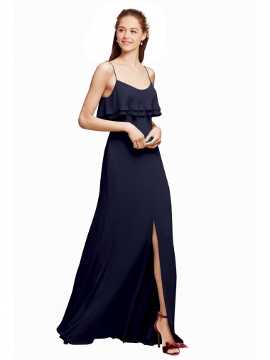 Bleu marine foncé Trapèze Bretelles spaghetti Scoop Mousseline Longue Robes demoiselle d'honneur en Gros