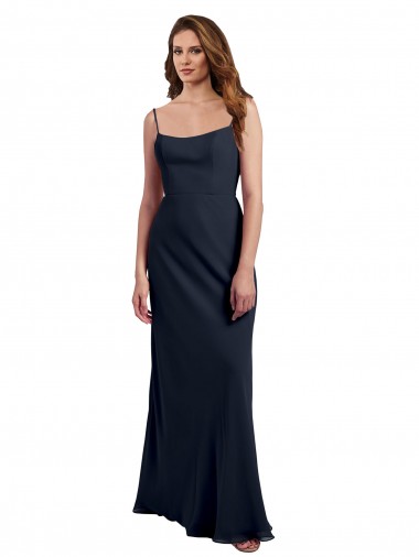 Bleu marine foncé Trapèze Bretelles spaghetti Scoop Mousseline Longue Robes demoiselle d'honneur en Gros