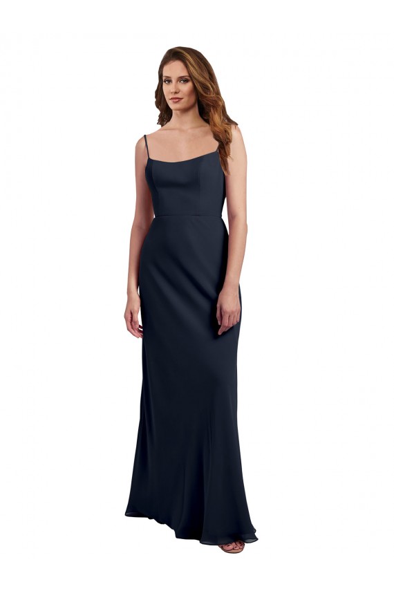 Bleu marine foncé Trapèze Bretelles spaghetti Scoop Mousseline Longue Robes demoiselle d'honneur en Gros