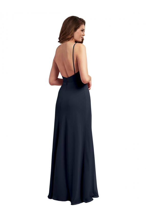 Bleu marine foncé Trapèze Bretelles spaghetti Scoop Mousseline Longue Robes demoiselle d'honneur en Gros